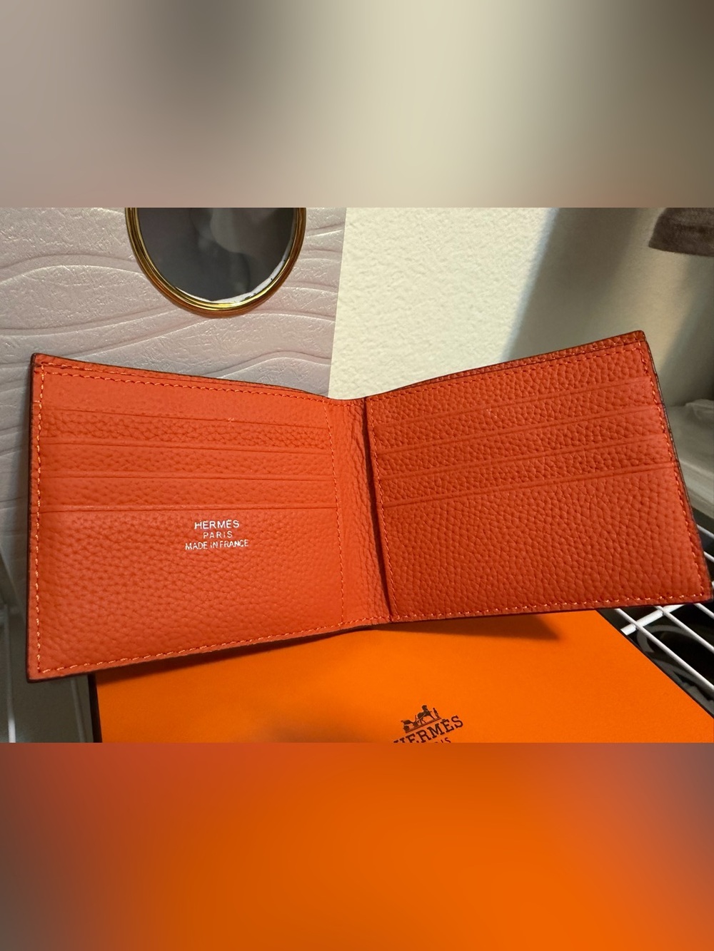 Hermes Orange Grained Leather Men's Wallet with Silver H Accent - Picture 2 of 5